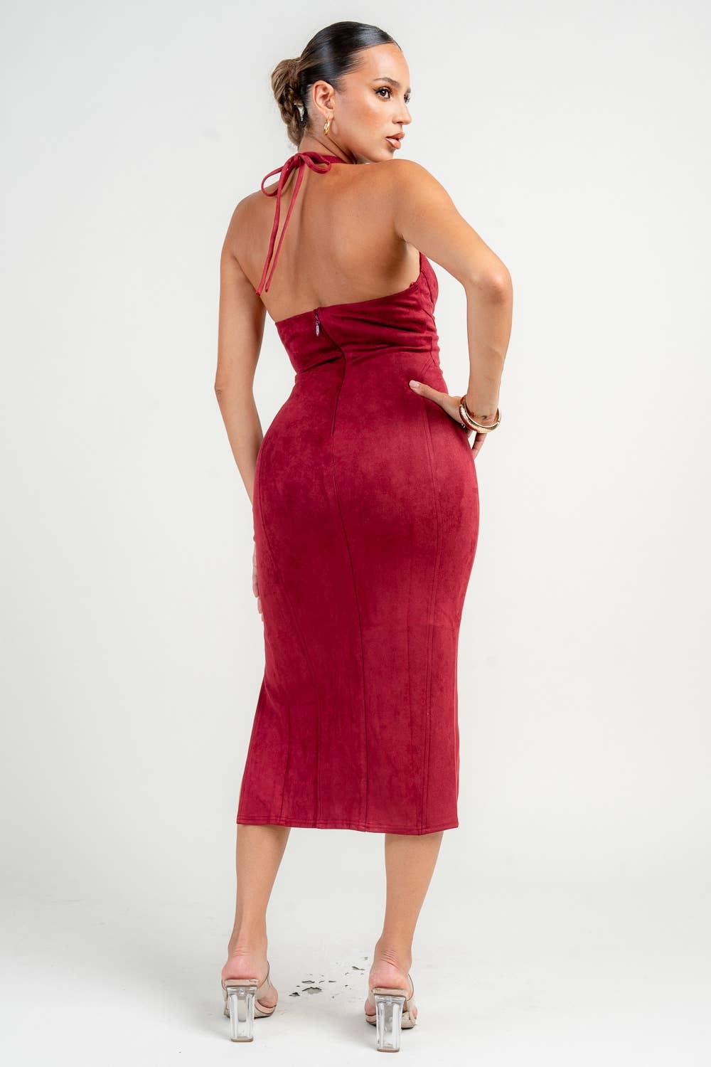 BORDEAUX HALTER NECK FRONT SLIT SUEDE MIDI DRESS