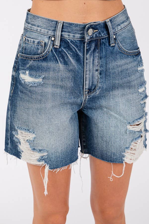 P1355R-MD HIGH RISE RIGID RELAXED MIDI SHORT W/ FRAYED HEM
