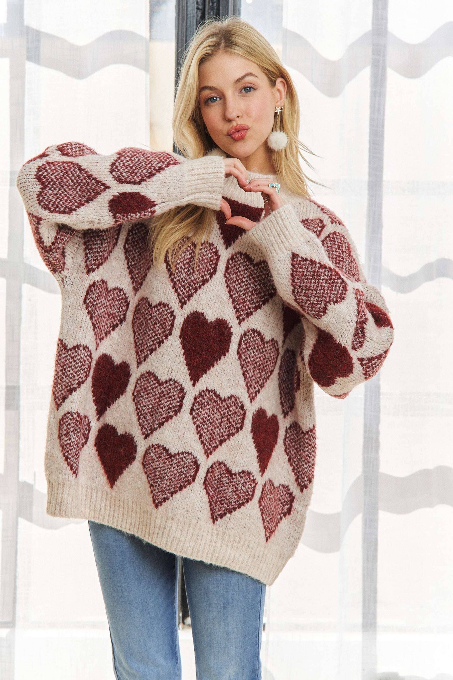 MOCK NECK HEART PRINT PULLOVER SWEATER
