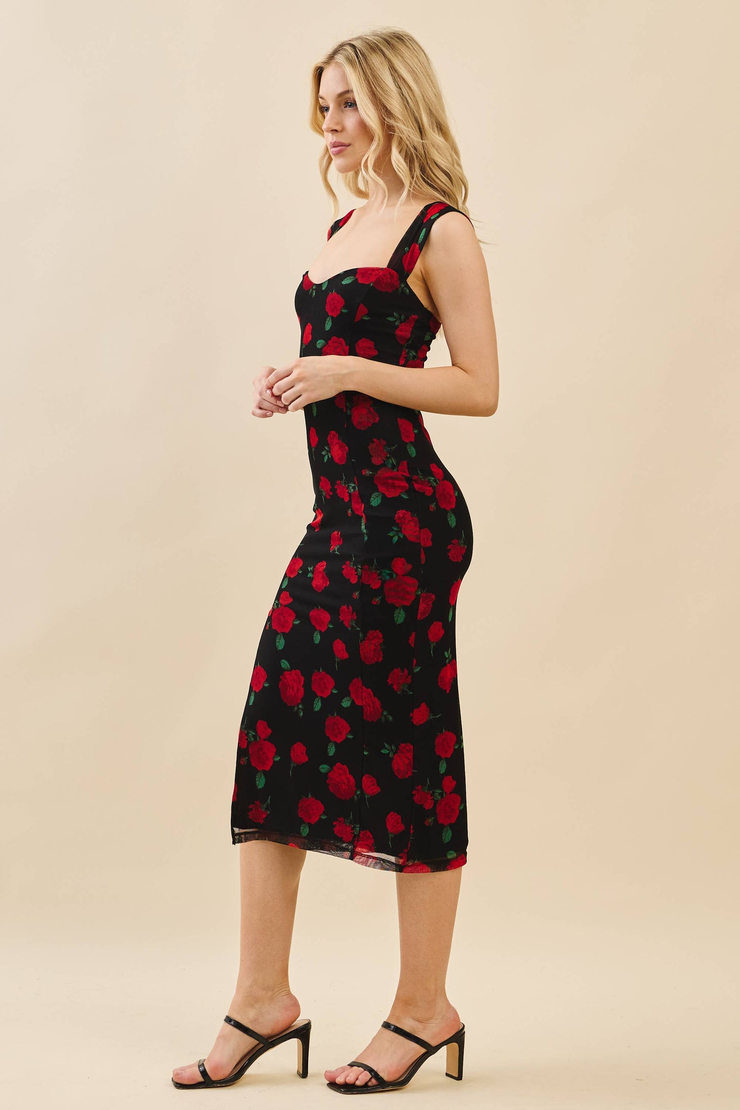 SWEETHEART BUSTIER ROSE PRINT MIDI DRESS