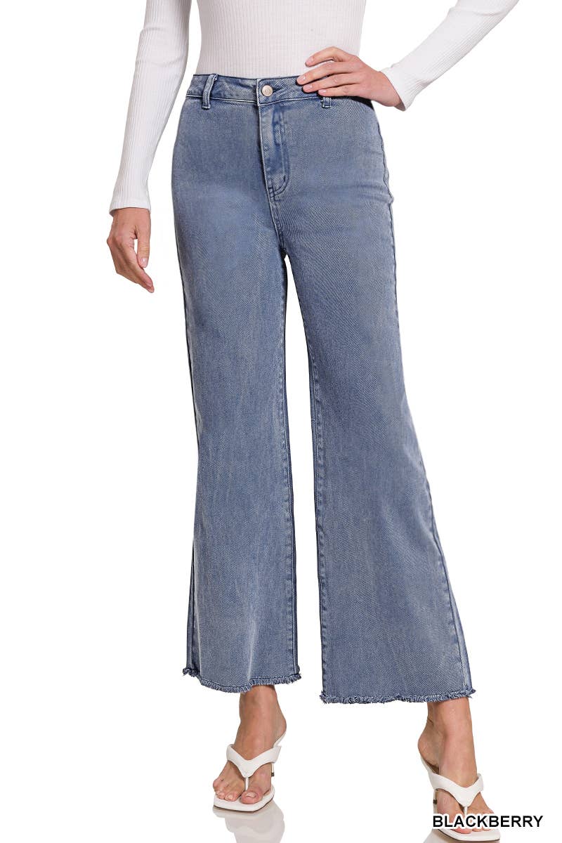 .SI-24919 Acid Washed Frayed Cutoff Hem Straight Wide Pants 0607